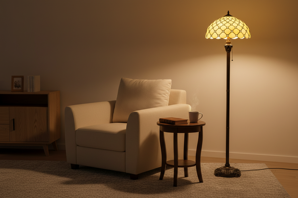 Tiffany vloerlamp – Ruitpatroon & Warme Crèmetinten – Ø 40 × H 165 cm (Art. 7254)