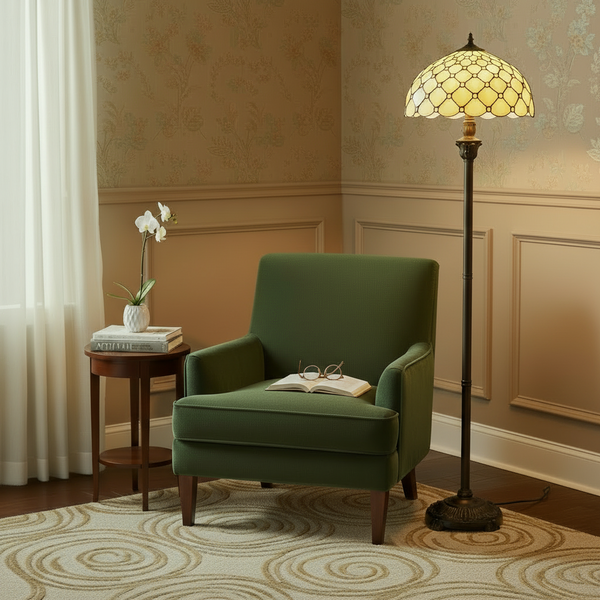 Tiffany vloerlamp glas-in-lood met warm licht in leeshoek naast fauteuil – Art. 7254