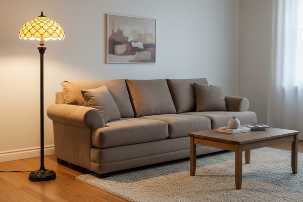 Tiffany vloerlamp – Ruitpatroon & Warme Crèmetinten – Ø 40 × H 165 cm (Art. 7254)