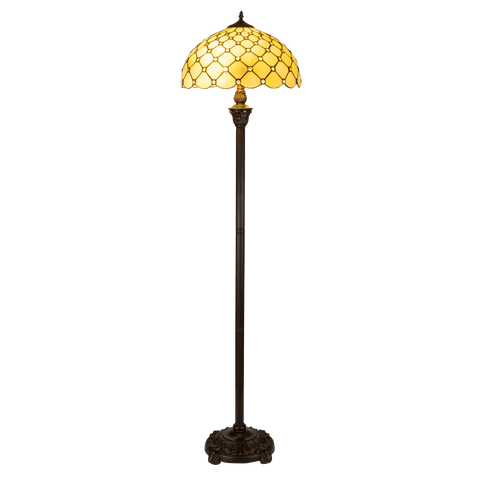Grote Roruvera Tiffany vloerlamp ruitpatroon  van glas in lood in crèmetinten met ronde glasaccenten, brandend