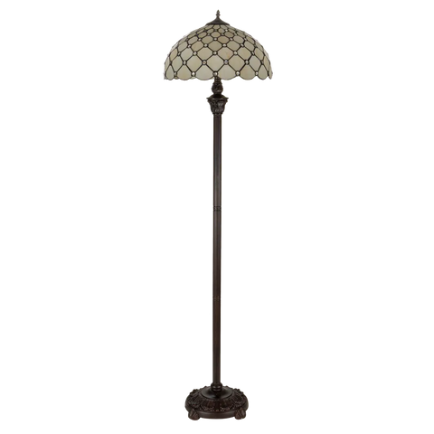 Grote Tiffany vloerlamp ruitpatroon van glas in lood in crèmetinten met ronde glasaccenten, uitgeschakeld