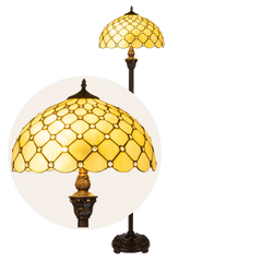 Grote Roruvera Tiffany staande lamp ruitpatroon  van glas in lood in crèmetinten met ronde glasaccenten, brandend