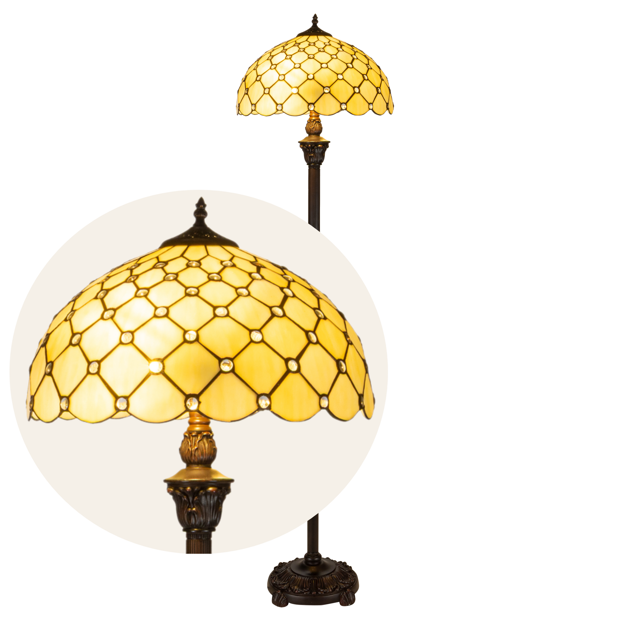 Tiffany vloerlamp – Ruitpatroon & Warme Crèmetinten – Ø 40 × H 165 cm (Art. 7254)