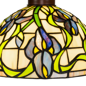 Tiffany vloerlamp Blauwe Bloemen met Gebogen Arm – Crèmegeel, Blauw & Groen – H 177 cm (Art. 7256)