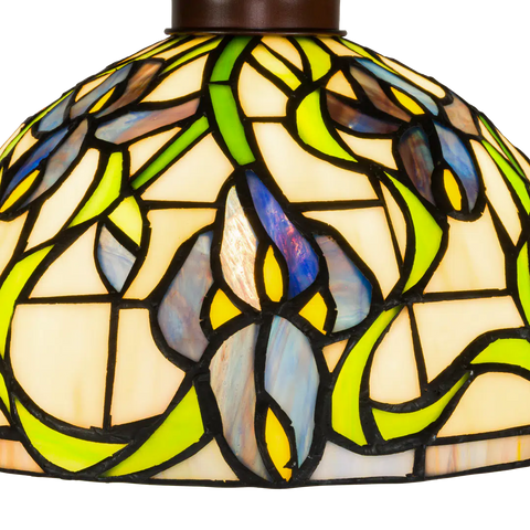 Tiffany vloerlamp Blauwe Bloemen met Gebogen Arm – Crèmegeel, Blauw & Groen – H 177 cm (Art. 7256)