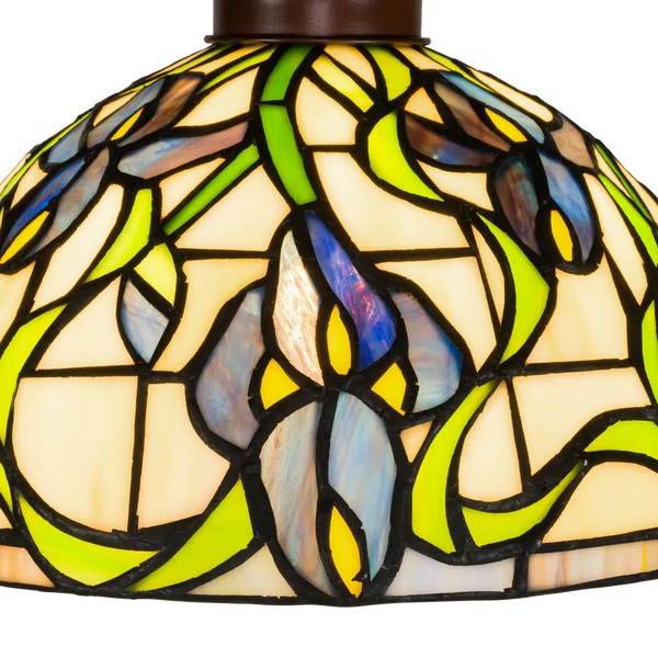 Tiffany vloerlamp Blauwe Bloemen met Gebogen Arm – Crèmegeel, Blauw & Groen – H 177 cm (Art. 7256)