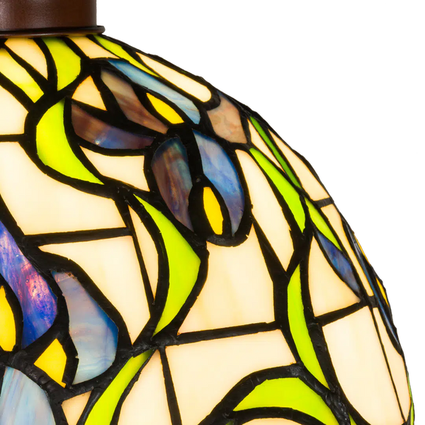 Tiffany vloerlamp Blauwe Bloemen met Gebogen Arm – Crèmegeel, Blauw & Groen – H 177 cm (Art. 7256)