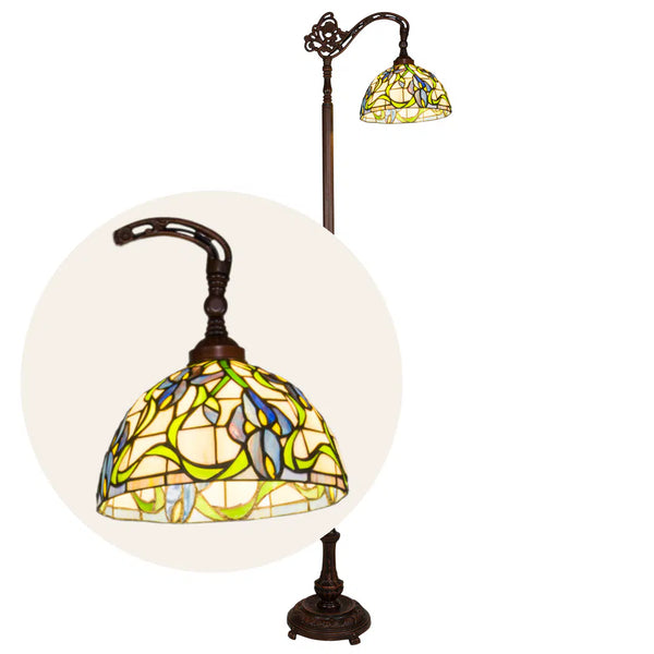Tiffany vloerlamp Blauwe Bloemen met Gebogen Arm – Crèmegeel, Blauw & Groen – H 177 cm (Art. 7256)