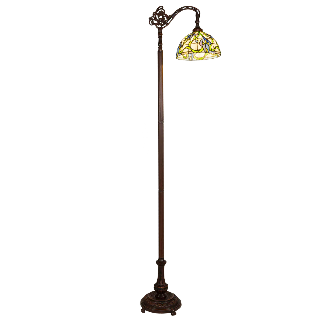 Tiffany vloerlamp Blauwe Bloemen met Gebogen Arm – Crèmegeel, Blauw & Groen – H 177 cm (Art. 7256)
