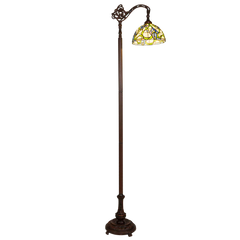 Tiffany vloerlamp Blauwe Bloemen met Gebogen Arm – Crèmegeel, Blauw & Groen – H 177 cm (Art. 7256)