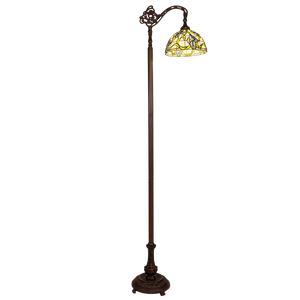 Tiffany vloerlamp Blauwe Bloemen met Gebogen Arm – Crèmegeel, Blauw & Groen – H 177 cm (Art. 7256)