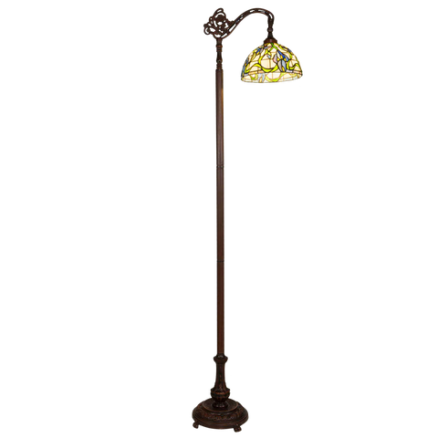 Tiffany vloerlamp Blauwe Bloemen met Gebogen Arm – Crèmegeel, Blauw & Groen – H 177 cm (Art. 7256)
