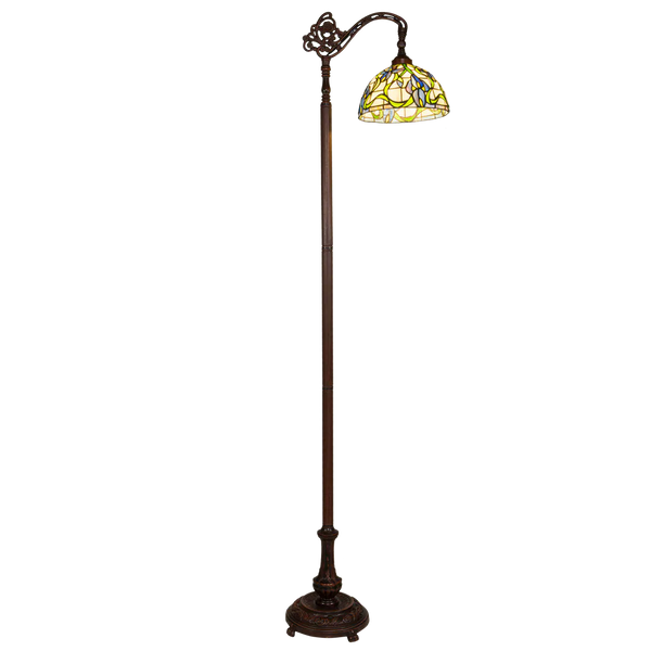 Tiffany vloerlamp Blauwe Bloemen met Gebogen Arm – Crèmegeel, Blauw & Groen – H 177 cm (Art. 7256)