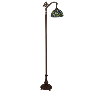 Tiffany vloerlamp Blauwe Bloemen met Gebogen Arm – Crèmegeel, Blauw & Groen – H 177 cm (Art. 7256)