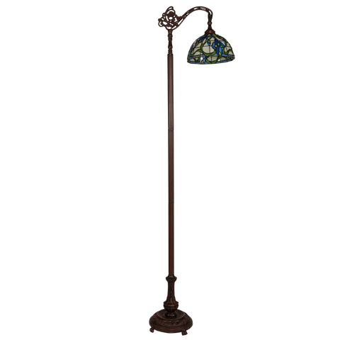 Tiffany vloerlamp Blauwe Bloemen met Gebogen Arm – Crèmegeel, Blauw & Groen – H 177 cm (Art. 7256)
