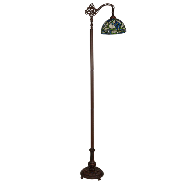 Tiffany vloerlamp Blauwe Bloemen met Gebogen Arm – Crèmegeel, Blauw & Groen – H 177 cm (Art. 7256)