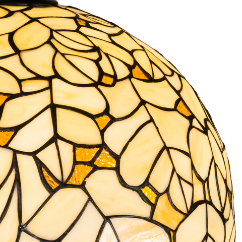 Tiffany Stehleuchte mit cremefarbenem Blattmotiv und gewelltem Rand – Creme, Hellgelb & Bernstein – H 168 cm (Art. 7258)