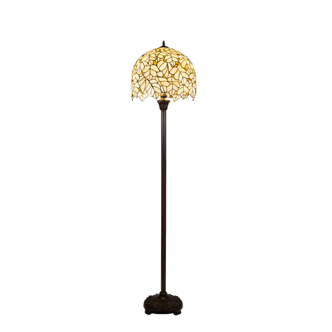 Tiffany Stehleuchte mit cremefarbenem Blattmotiv und gewelltem Rand – Creme, Hellgelb & Bernstein – H 168 cm (Art. 7258)