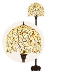 Tiffany vloerlamp Crème Bladmotief met Golvende Rand – Crème, Lichtgeel & Amber – H 168 cm (Art. 7258)