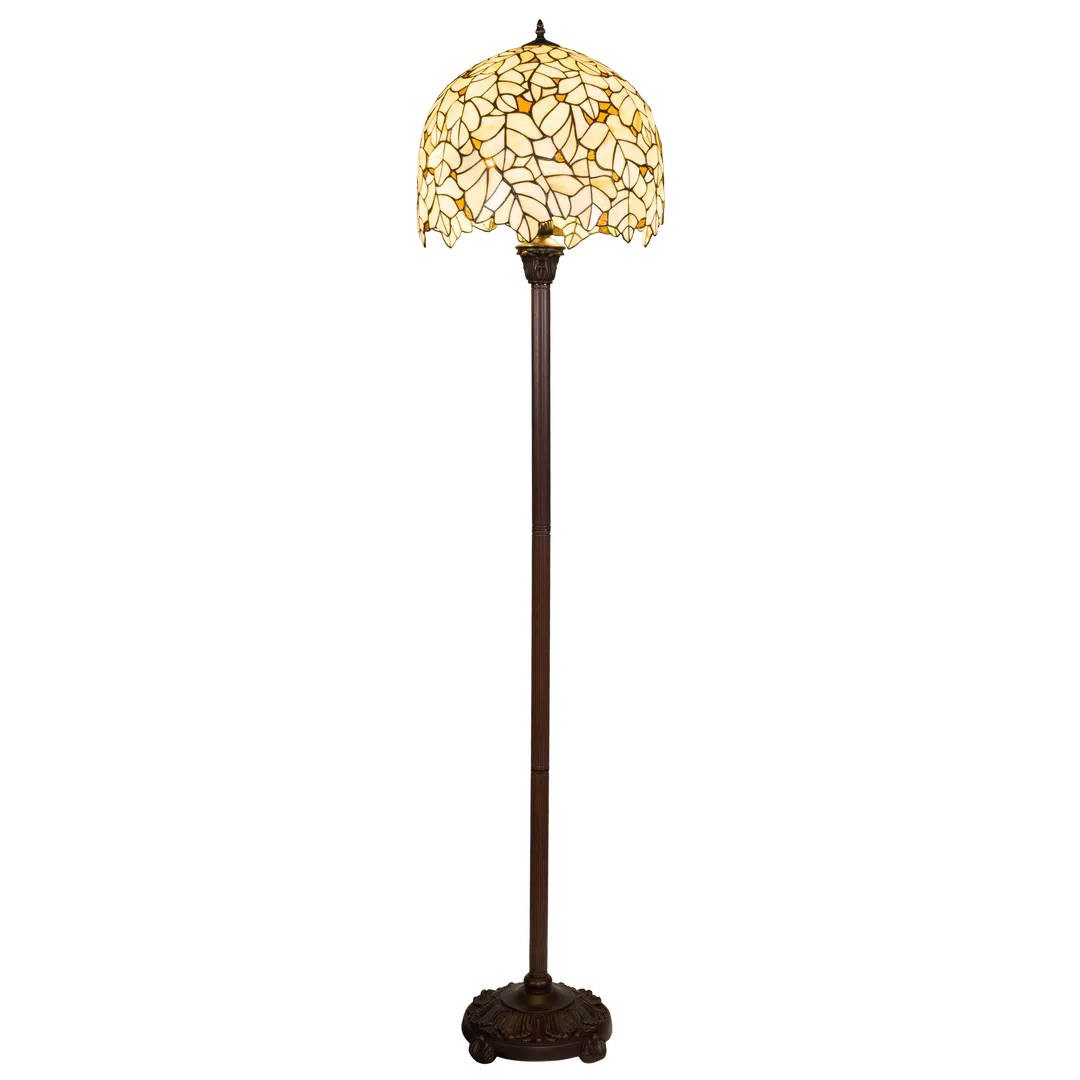 Tiffany Stehleuchte mit cremefarbenem Blattmotiv und gewelltem Rand – Creme, Hellgelb & Bernstein – H 168 cm (Art. 7258)