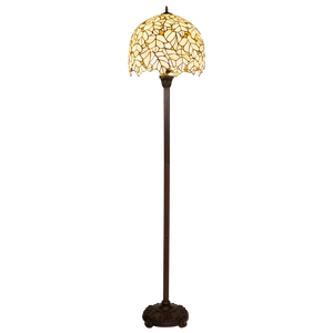 Tiffany Stehleuchte mit cremefarbenem Blattmotiv und gewelltem Rand – Creme, Hellgelb & Bernstein – H 168 cm (Art. 7258)