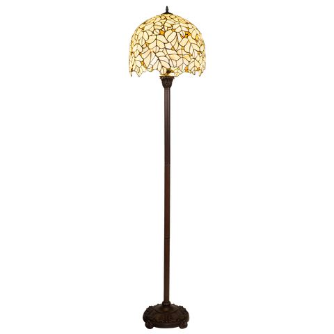 Tiffany Stehleuchte mit cremefarbenem Blattmotiv und gewelltem Rand – Creme, Hellgelb & Bernstein – H 168 cm (Art. 7258)