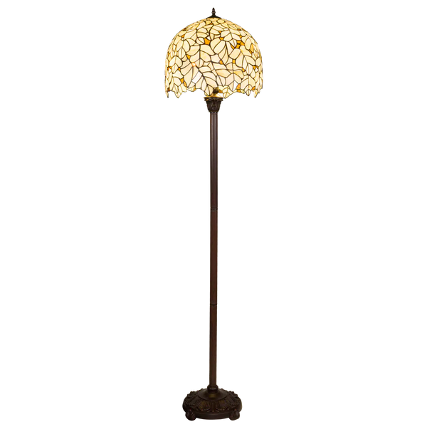 Tiffany Stehleuchte mit cremefarbenem Blattmotiv und gewelltem Rand – Creme, Hellgelb & Bernstein – H 168 cm (Art. 7258)