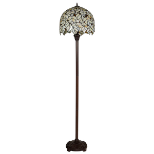 Tiffany Stehleuchte mit cremefarbenem Blattmotiv und gewelltem Rand – Creme, Hellgelb & Bernstein – H 168 cm (Art. 7258)