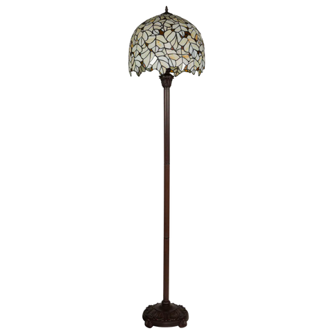 Tiffany Stehleuchte mit cremefarbenem Blattmotiv und gewelltem Rand – Creme, Hellgelb & Bernstein – H 168 cm (Art. 7258)