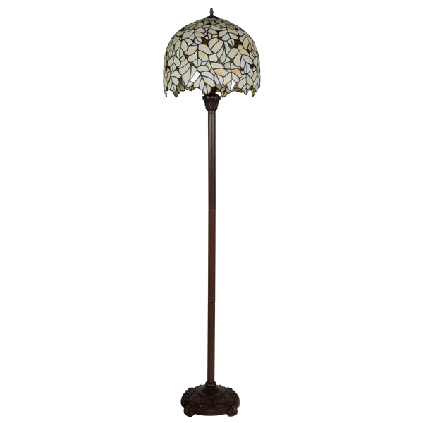 Tiffany Stehleuchte mit cremefarbenem Blattmotiv und gewelltem Rand – Creme, Hellgelb & Bernstein – H 168 cm (Art. 7258)
