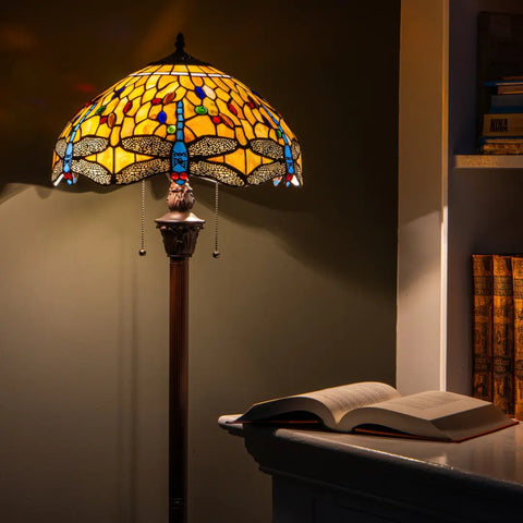 Tiffany vloerlamp Dragonfly – Geel, Amber & Crème – H 165 cm (Art. 7259)