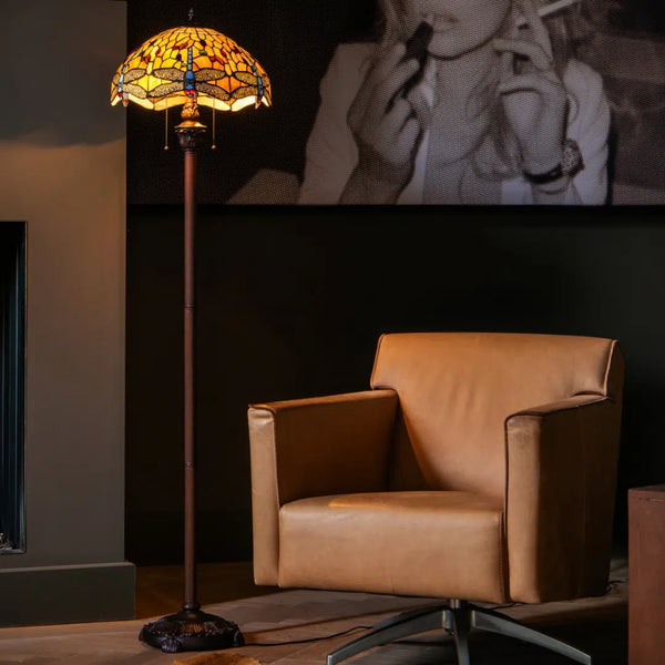 Tiffany vloerlamp Dragonfly – Geel, Amber & Crème – H 165 cm (Art. 7259)