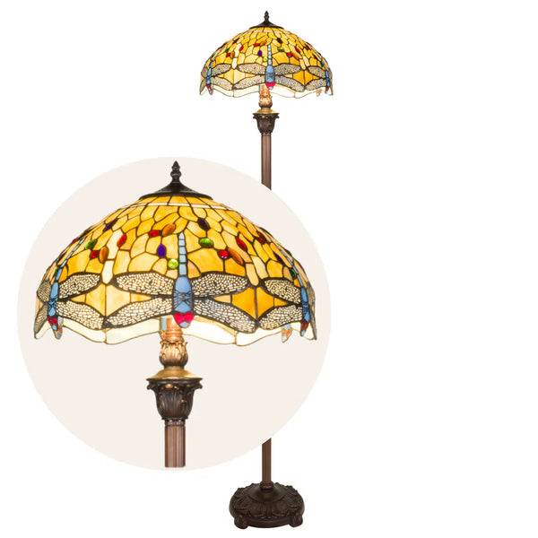 Tiffany vloerlamp Dragonfly – Geel, Amber & Crème – H 165 cm (Art. 7259)