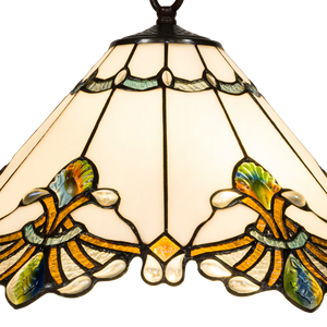 Tiffany Pendelleuchte mit gewelltem Rand & Reliefdetails – Creme, Bernstein & Grün – Ø 45 cm (Art. 7408)