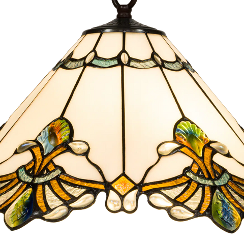 Tiffany Pendelleuchte mit gewelltem Rand & Reliefdetails – Creme, Bernstein & Grün – Ø 45 cm (Art. 7408)