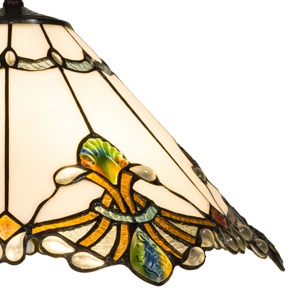 Tiffany Pendelleuchte mit gewelltem Rand & Reliefdetails – Creme, Bernstein & Grün – Ø 45 cm (Art. 7408)