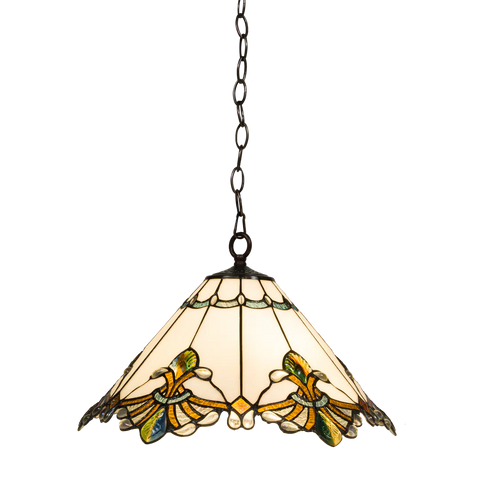Tiffany Pendelleuchte mit gewelltem Rand & Reliefdetails – Creme, Bernstein & Grün – Ø 45 cm (Art. 7408)