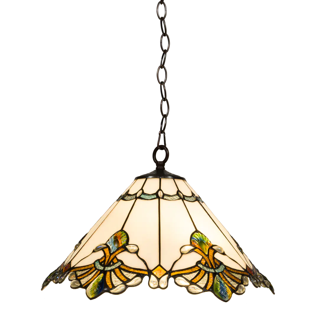 Tiffany Pendelleuchte mit gewelltem Rand & Reliefdetails – Creme, Bernstein & Grün – Ø 45 cm (Art. 7408)