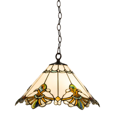 Tiffany Pendelleuchte mit gewelltem Rand & Reliefdetails – Creme, Bernstein & Grün – Ø 45 cm (Art. 7408)