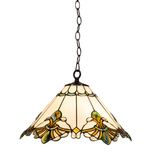 Tiffany Pendelleuchte mit gewelltem Rand & Reliefdetails – Creme, Bernstein & Grün – Ø 45 cm (Art. 7408)