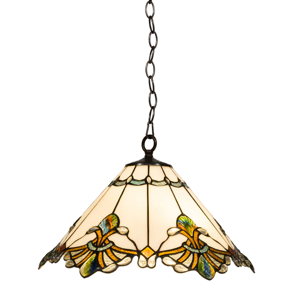 Tiffany Pendelleuchte mit gewelltem Rand & Reliefdetails – Creme, Bernstein & Grün – Ø 45 cm (Art. 7408)