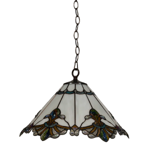 Tiffany Pendelleuchte mit gewelltem Rand & Reliefdetails – Creme, Bernstein & Grün – Ø 45 cm (Art. 7408)