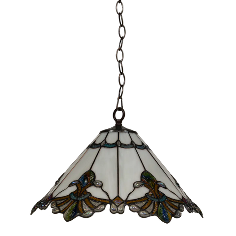 Tiffany Pendelleuchte mit gewelltem Rand & Reliefdetails – Creme, Bernstein & Grün – Ø 45 cm (Art. 7408)
