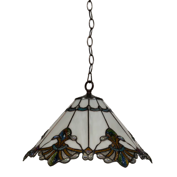 Tiffany Pendelleuchte mit gewelltem Rand & Reliefdetails – Creme, Bernstein & Grün – Ø 45 cm (Art. 7408)
