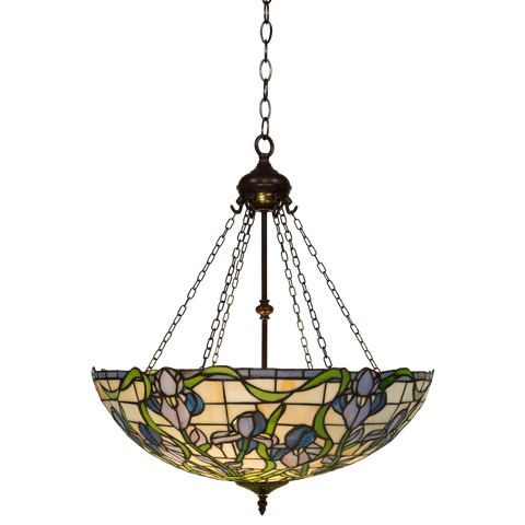 Tiffany Pendelleuchte mit blauen & lilafarbenen Blüten – Cremegelb, Blau & Grün – Ø 55 cm (Art. 7409)
