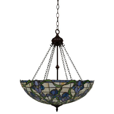 Tiffany Pendelleuchte mit blauen & lilafarbenen Blüten – Cremegelb, Blau & Grün – Ø 55 cm (Art. 7409)