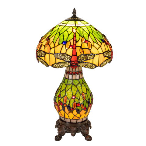 Tiffany tafellamp met verlichte voet – libelle in geel/groen/rood – Ø 30 cm × H 48 cm (Art. 7600)