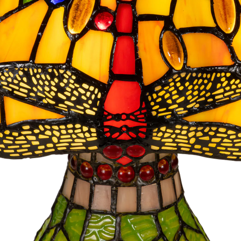 Detail Tiffany tafellamp libellen met verlichte voet van glas in lood in groen- en geeltinten