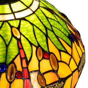 Tiffany tafellamp met verlichte voet – libelle in geel/groen/rood – Ø 30 cm × H 48 cm (Art. 7600)