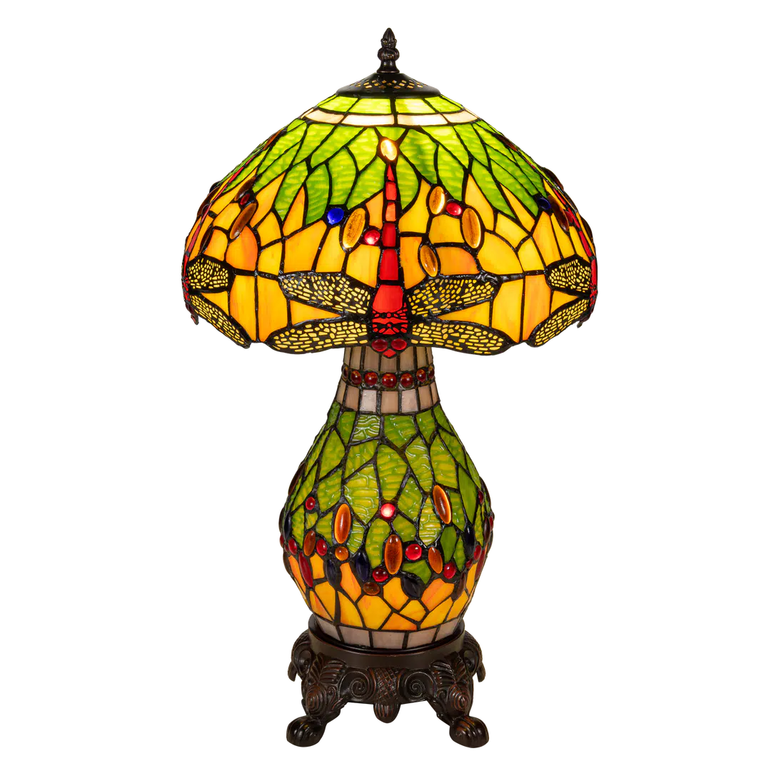 Tiffany tafellamp met verlichte voet – libelle in geel/groen/rood – Ø 30 cm × H 48 cm (Art. 7600)